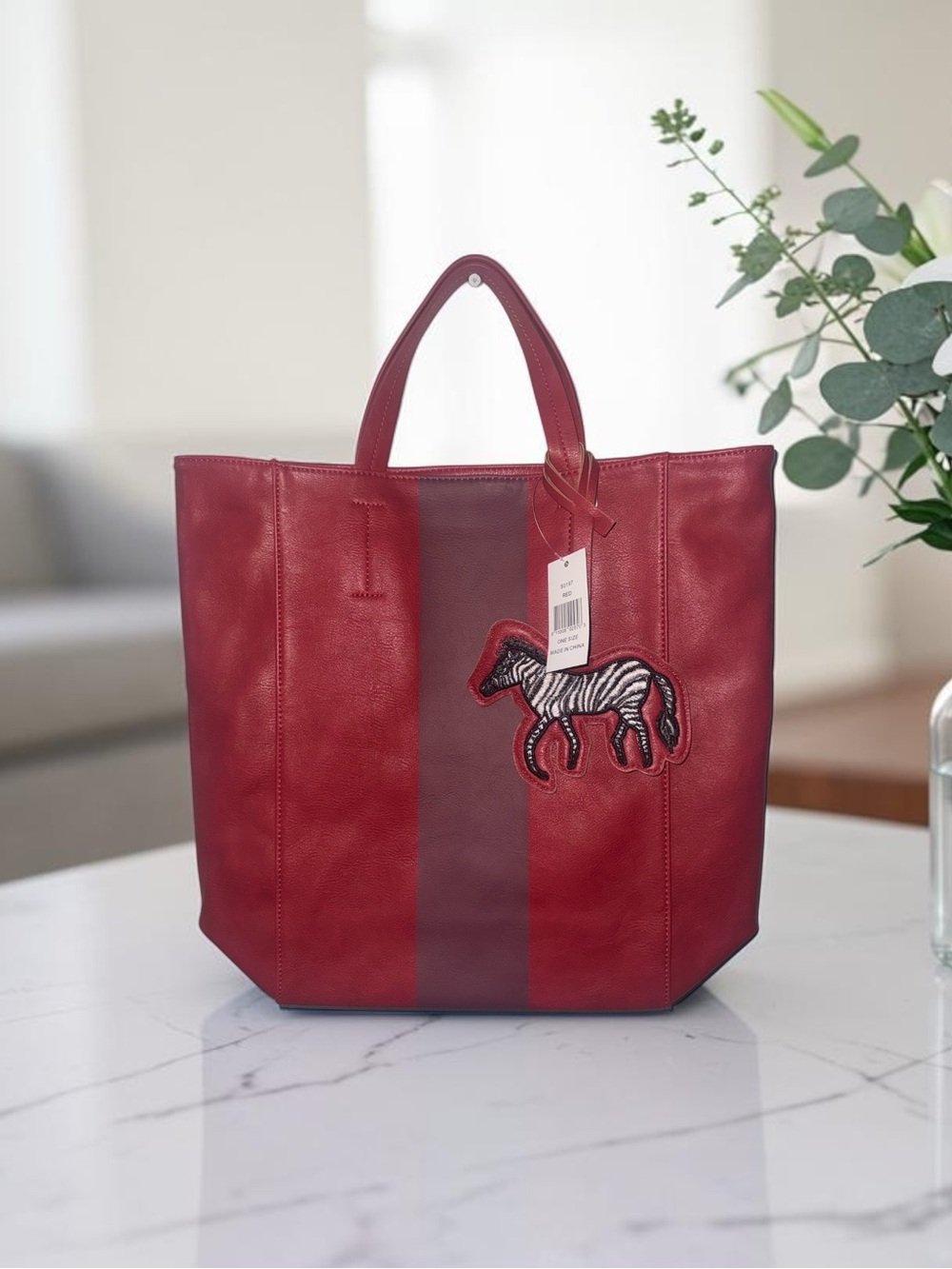Saks Fifth Avenue Red PU Leather Tote Bag with Zebra Charm NWT